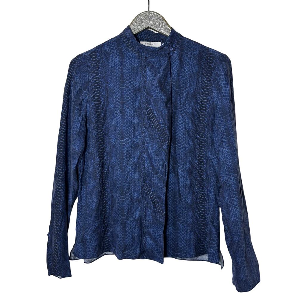 Frame Blue Snake Print Silk Button Down Blouse
